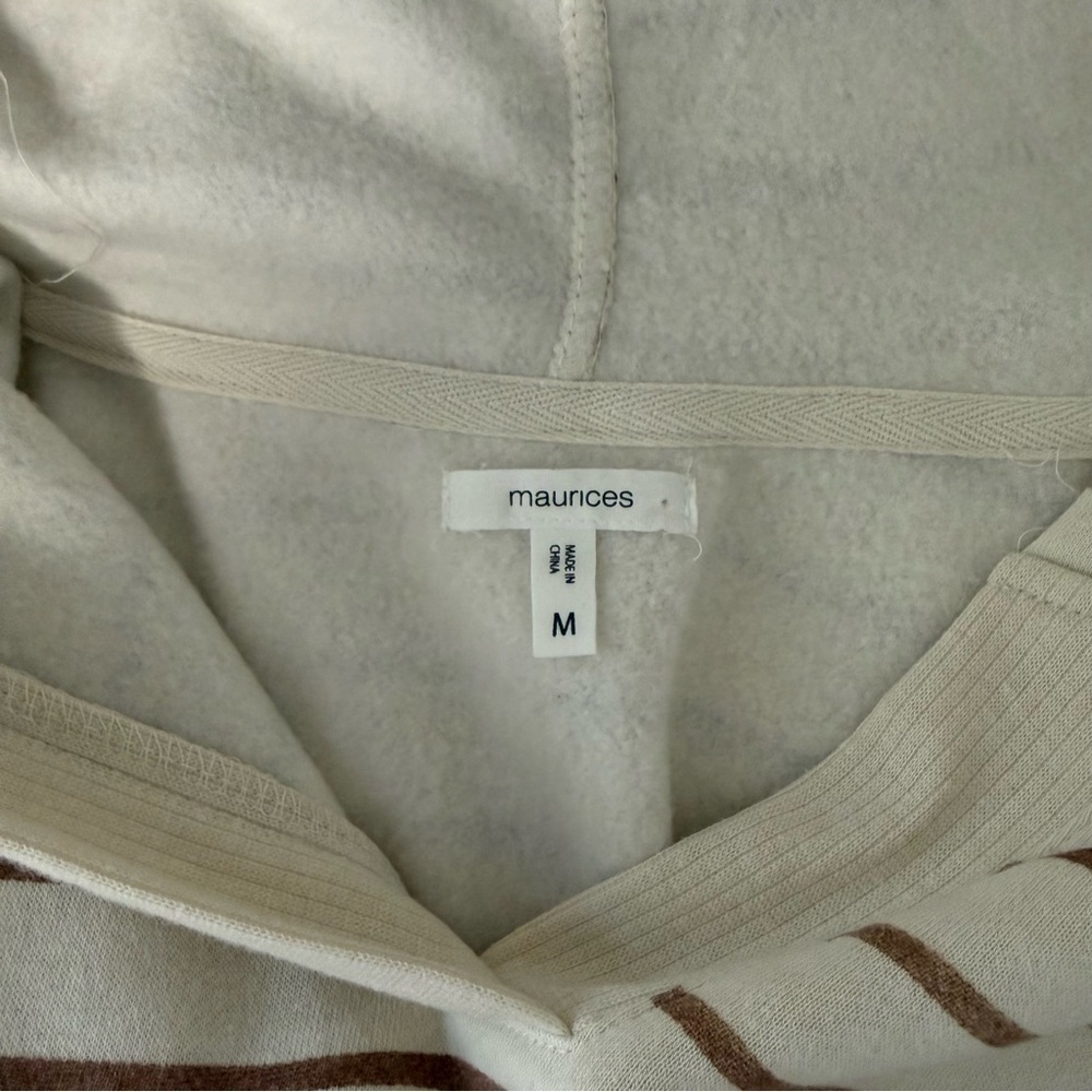 Maurices Sweatshirt Cream & Brown Stripe V-neck Hooded Oversized Medium Women’s - Picture 9 of 11